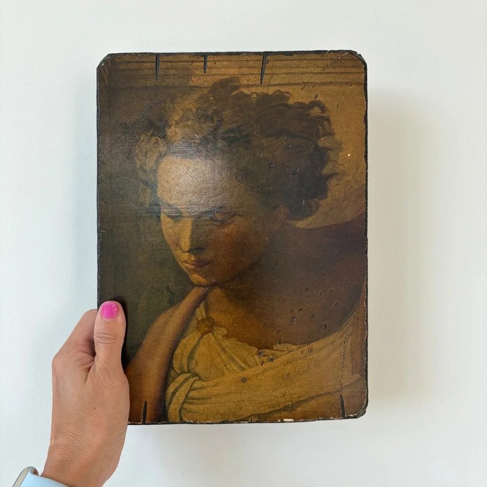 Vintage Renaissance Style Woman Portrait Wood Block Wall Art Rustic Plaque 11x8